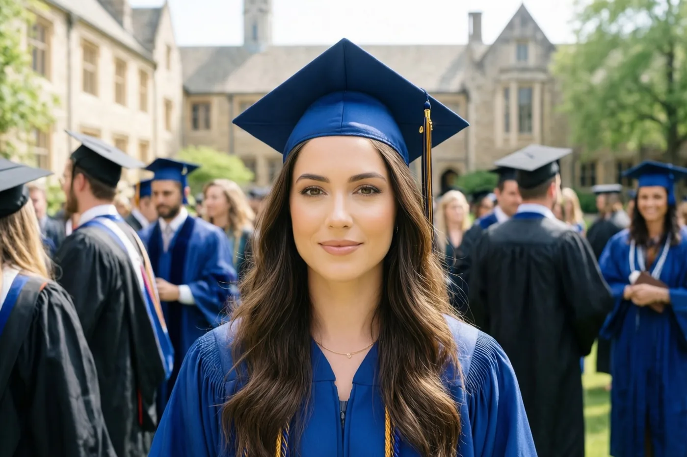 Een jonge vrouw in een blauwe afstudeertoga en afstudeerhoed glimlacht naar de camera op een universiteitsbinnenplaats met andere afgestudeerden, stenen gebouwen en groen.