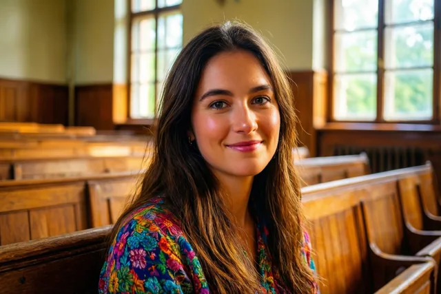 Een jonge vrouw met lang bruin haar en een gebloemd bovenstuk glimlacht terwijl ze in een oude aula met houten banken en hoge ramen zit.