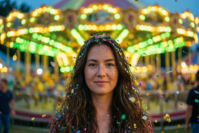 Een vrouw met confetti in haar haar glimlacht naar de camera voor een onscherpe draaimolen bij schemering, met warme gele en groene lichtvlekken.