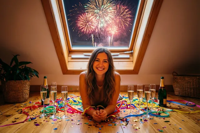 Een glimlachende vrouw ligt op de houten vloer van een zolderkamer tussen champagneglazen, slingers en confetti, met vuurwerk zichtbaar door het dakraam.