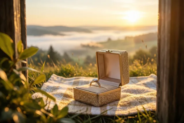 Een open glinsterend doosje met een ring ligt op een deken met een patroon op een heuvel, tussen houten palen met zicht op een mistige vallei bij zonsopgang.