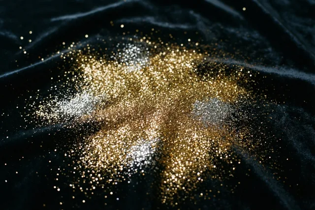 Een close-up toont gouden glitter en zilveren pailletten verspreid over een donkere fluwelen stof.