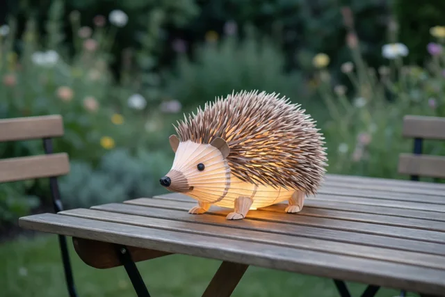 Een papieren lantaarn in de vorm van een egel gloeit op een houten tuintafel voor een onscherpe tuin met groen en bloemen.