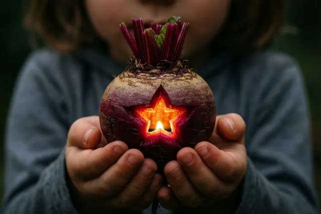 Een kind houdt een uitgeholde bietenlantaarn met een stervormige opening vast, waarvan het warme rode en oranje licht afsteekt tegen een donkere onscherpe achtergrond.