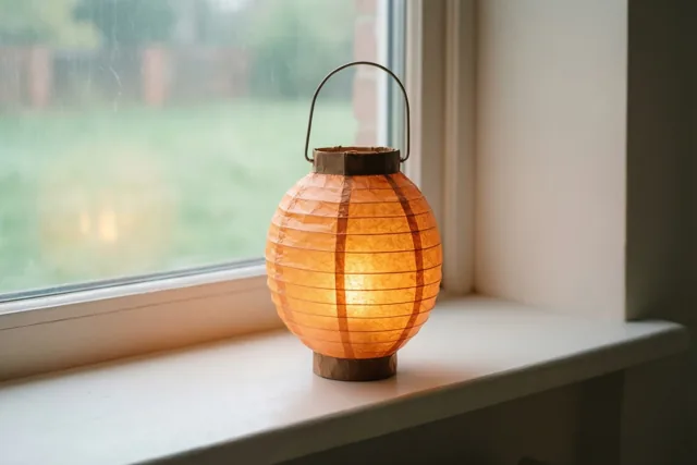 Een oranje en bruine papieren lampion gloeit op een witte vensterbank, met door het raam een onscherp zicht naar buiten in warme tinten.