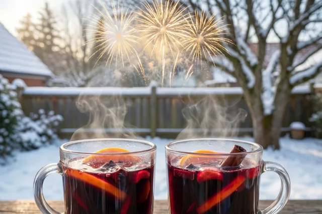 Twee dampende mokken glühwein met schijfjes citrusfruit en een kaneelstokje staan op een houten oppervlak in een besneeuwde tuin met goudkleurig vuurwerk.