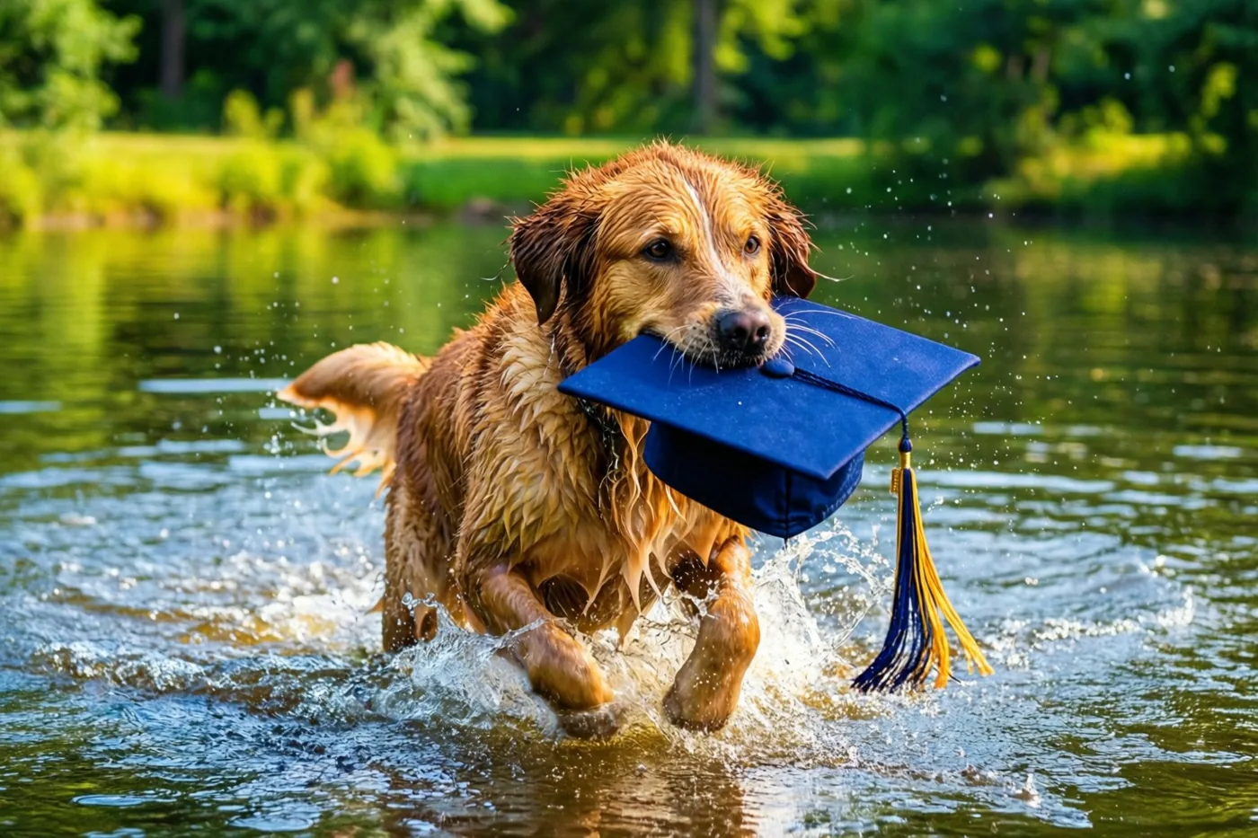 Een natte golden retriever spat door een vijver met een blauwe afstudeerhoed met geel-blauw kwastje in zijn bek, met groene bomen en gras in de felle zon op de achtergrond.