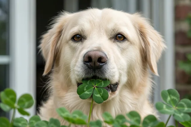 Een golden retriever houdt een klavertjevier in zijn bek tussen groene klaverplanten, bij een deuropening met een wit kader en een bakstenen muur.