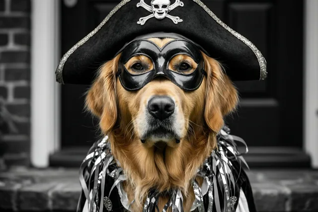 Een golden retriever met een piratenhoed met doodskop en gekruiste beenderen, een zwart masker en zilveren slingers zit op een drempel bij een bakstenen muur en een donkere deur.