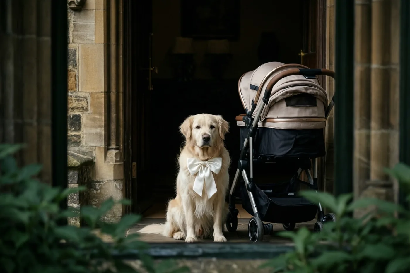 Een golden retriever met een witte satijnen strik zit aandachtig naast een beige-zwarte kinderwagen bij de ingang van een stenen kerk.
