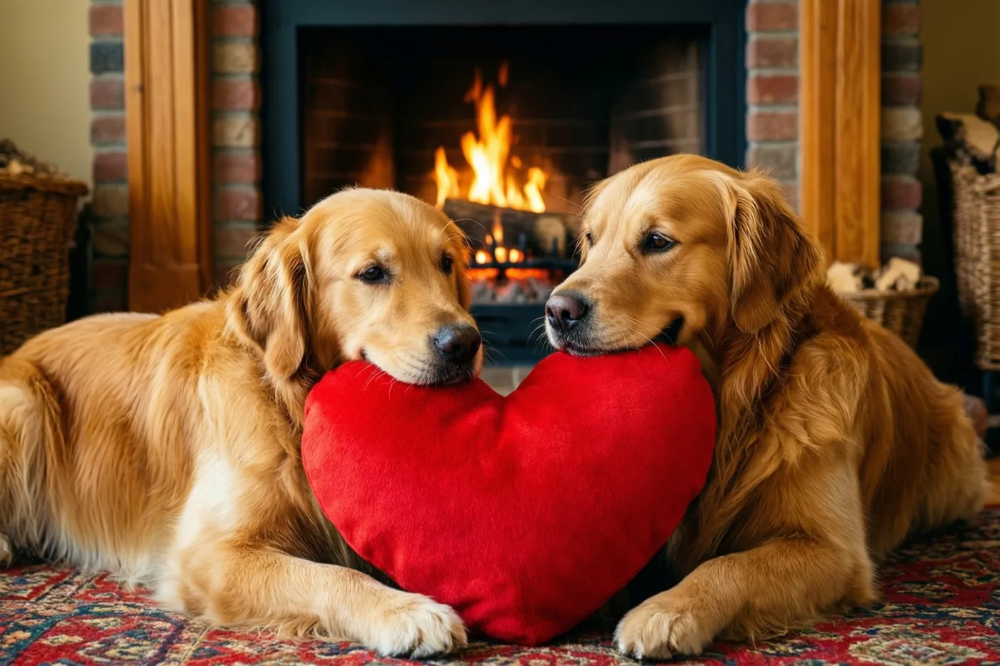 Twee golden retrievers liggen op een tapijt met een patroon voor een brandende open haard, met een groot rood hartvormig kussen tussen hen in.
