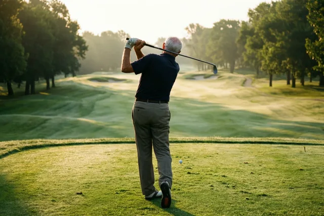 Een oudere golfer met wit haar is van achteren te zien tijdens het afslaan op een groene golfbaan met bomen in goudkleurig ochtendlicht.