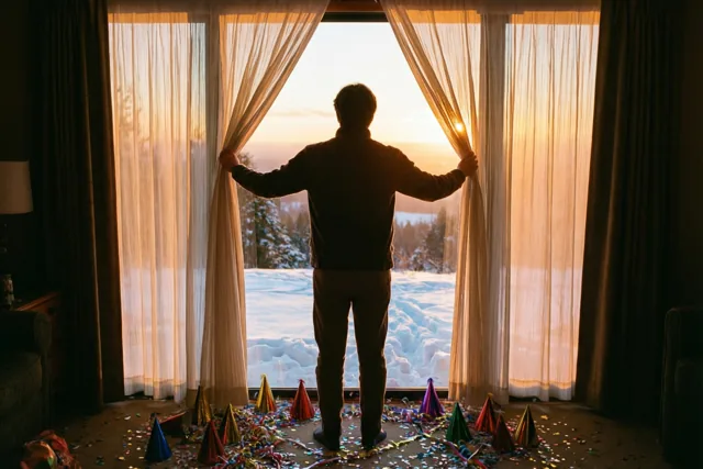 Iemand opent van achteren gezien doorschijnende gordijnen naar een besneeuwd landschap bij zonsopgang, met kleurrijke feesthoedjes en confetti op de kamervloer.