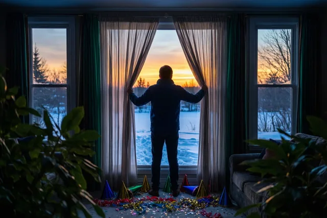 Een persoon staat met de rug naar de kijker en trekt de gordijnen open naar een besneeuwd landschap bij zonsopgang, met feesthoedjes en slingers op de vloer.