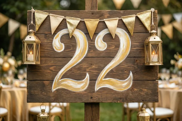 Een houten bord met 22 in goud en wit staat in een tuin met gouden vlaggetjes en hangende lantaarns, met tafels en stoelen achteraan.