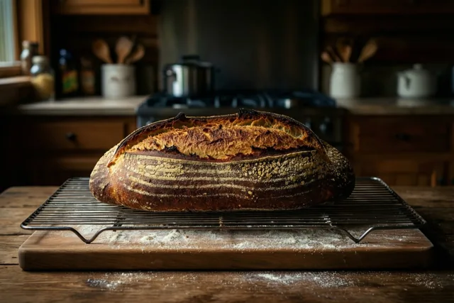 Een goudbruin brood met een krokante korst ligt op een rooster boven een bebloemde houten plank in een landelijke keuken met houten kasten en keukengerei.