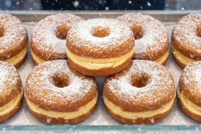 Goudbruine beignets met bloemsuiker liggen van dichtbij in beeld op een schaal, met sneeuwvlokken tegen een besneeuwde achtergrond.