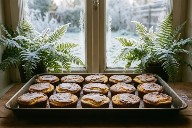 Goudbruine koffiekoeken met bloemsuiker liggen op een metalen bakplaat op hout, met berijpte varens aan weerszijden van een raam met sneeuw buiten.
