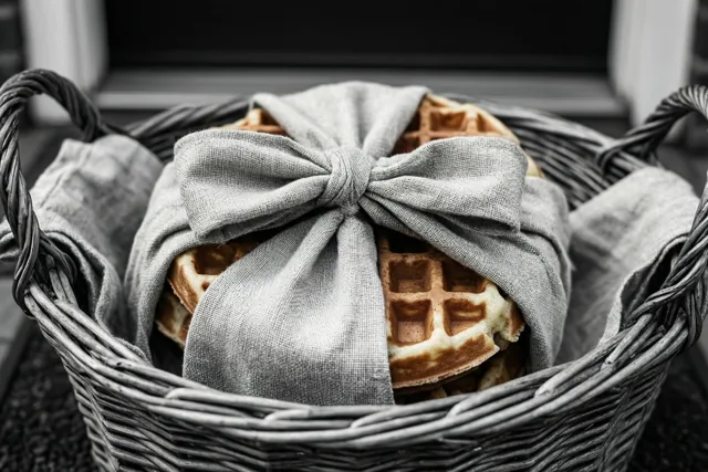 Een mand zelfgebakken wafels in een doek met een strik staat op een drempel, waarbij de wafels goudbruin zijn en de rest van de foto zwart-wit is.