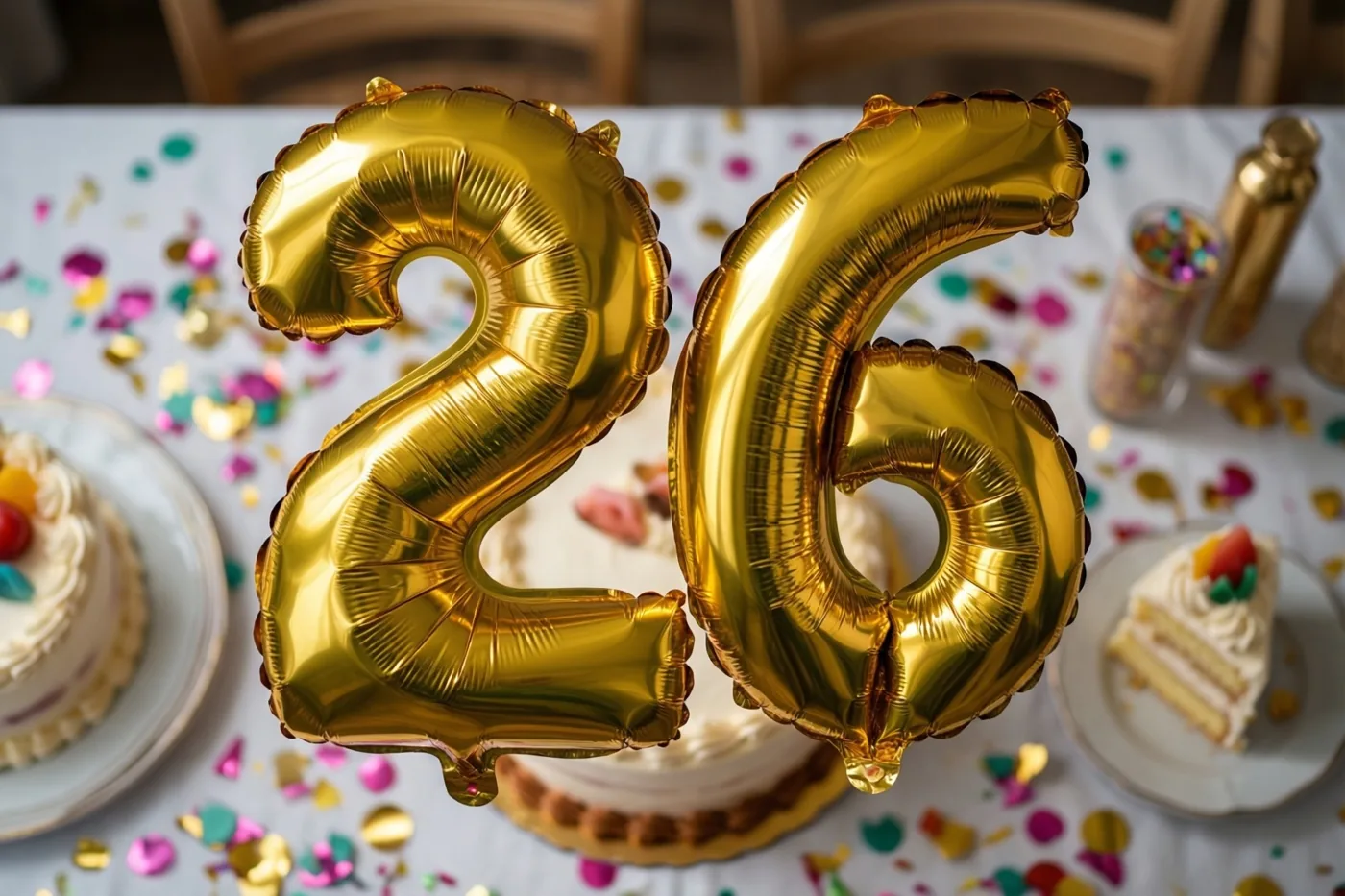 Grote glanzende gouden folieballonnen vormen 26 boven een feesttafel met kleurrijke confetti en een taart.