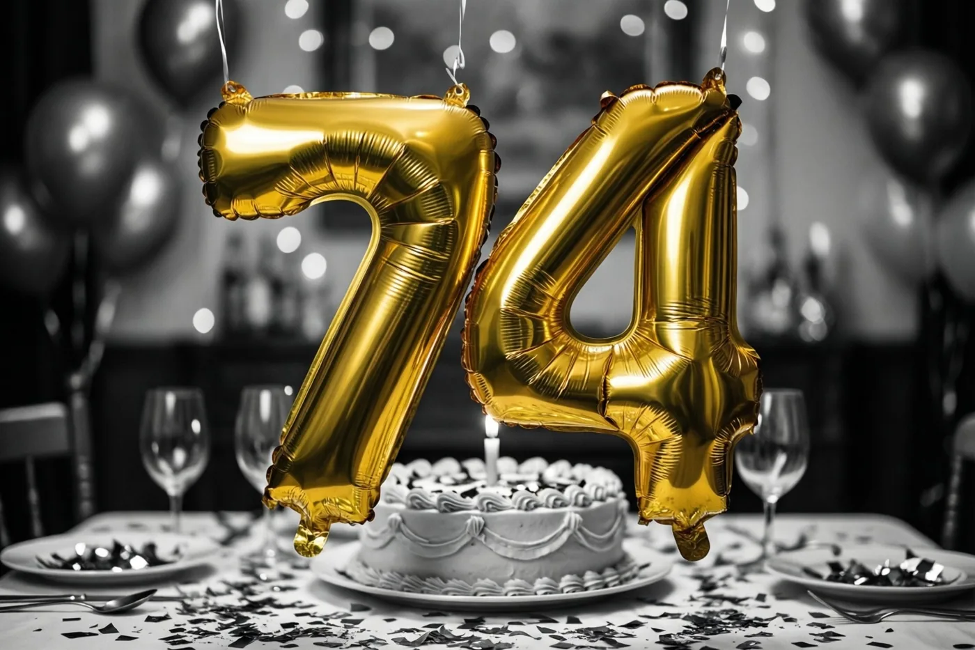Gouden folieballonnen in de vorm van 7 en 4 hangen boven een tafel met taart, confetti en glazen tegen een zwart-witte achtergrond.