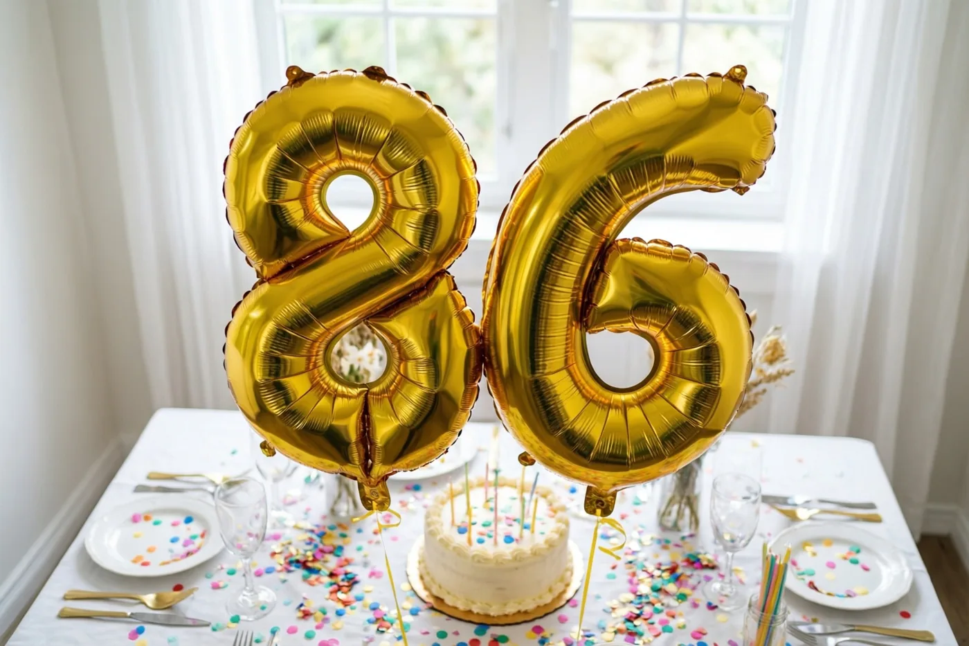 Gouden folieballonnen in de vorm van 8 en 6 zweven boven een feestelijk gedekte tafel met kleurrijke confetti en een kleine taart met kaarsjes, met een helder raam achteraan.
