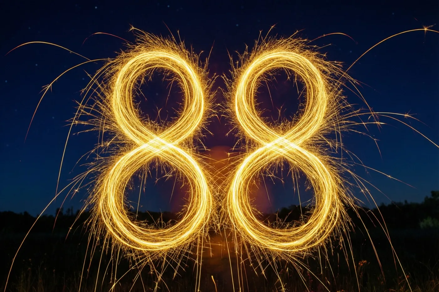 Gouden vonkensporen vormen het getal 88 tegen een donkere hemel met zichtbare sterren.