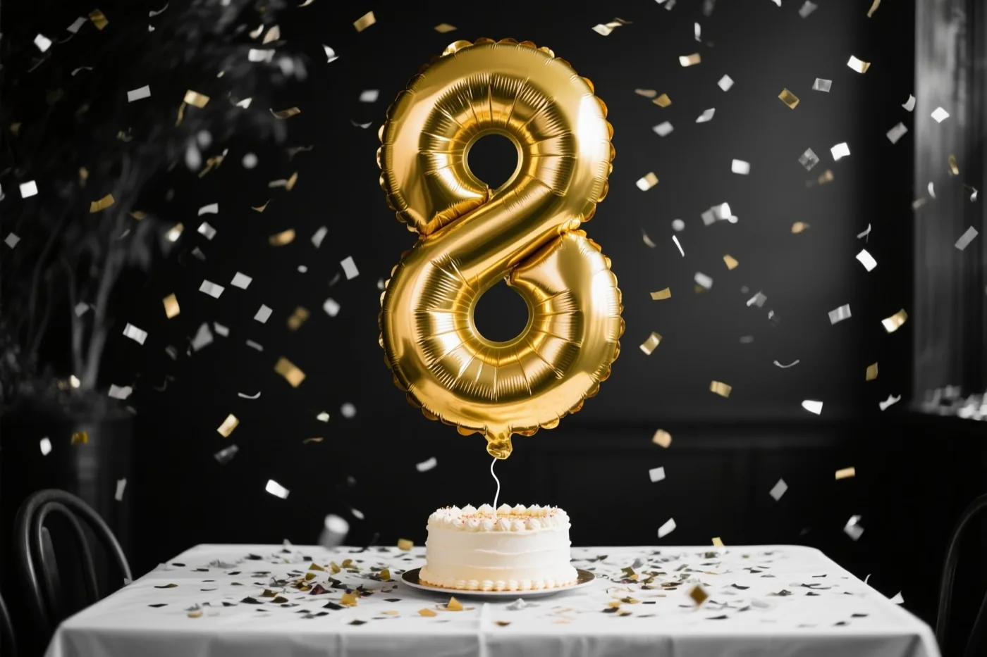 Een grote gouden ballon in de vorm van een 8 hangt boven een wit geglazuurde taart op een wit tafelkleed, met gouden en witte confetti tegen een donkere achtergrond.