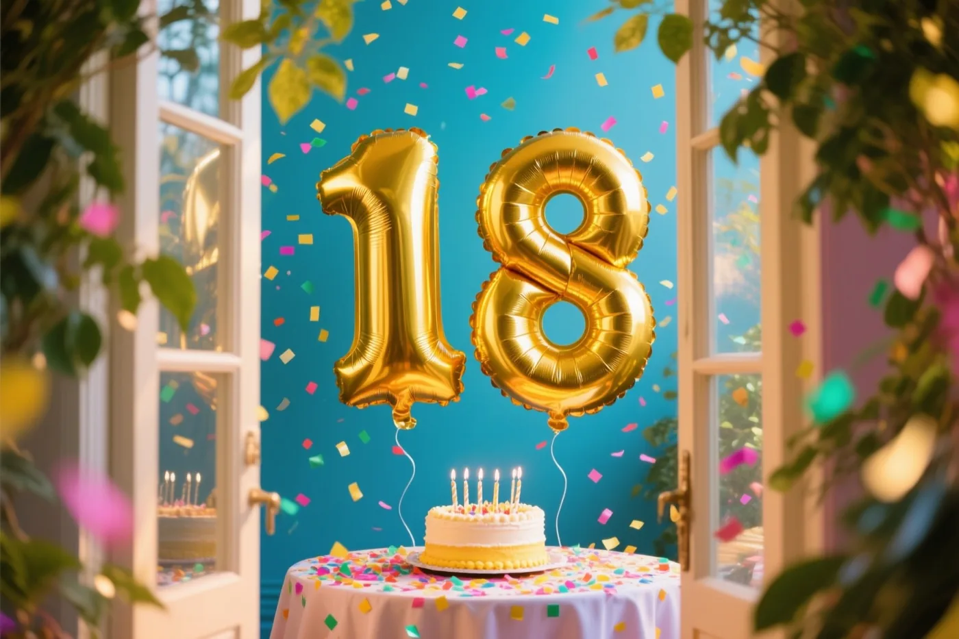 Grote goudkleurige folieballonnen vormen 18 boven een tafel met kleurrijke confetti en een klein taartje met brandende kaarsjes, voor een raam met groene bladeren errond.