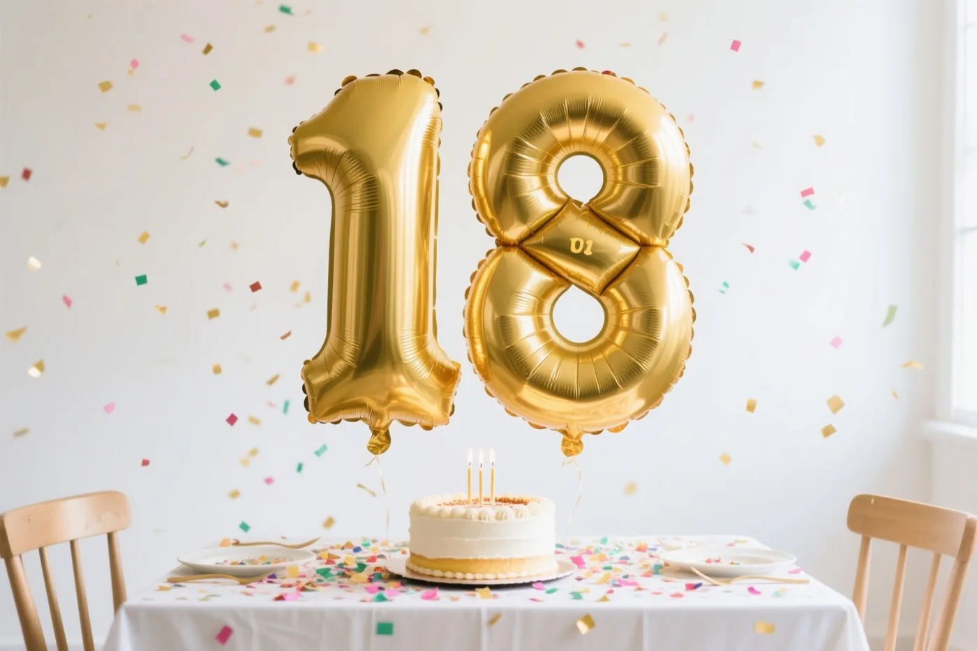 Gouden folieballonnen vormen 18 boven een wit gedekte tafel met een klein taartje, kaarsjes en kleurrijke confetti, met vallende confetti voor een witte muur.