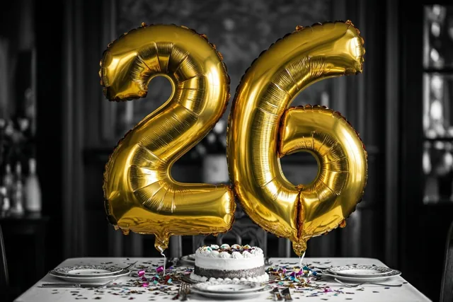 Grote glanzende gouden folieballonnen vormen 26 boven een feesttafel met confetti en een taart in een gedempt verlichte kamer met een zwart-witte achtergrond.