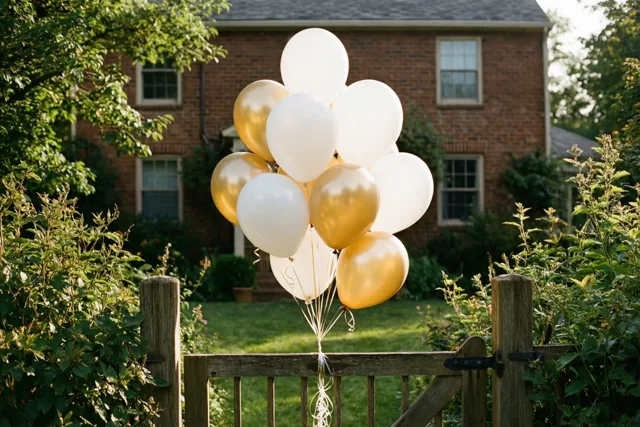 Een tros witte en lichtgouden ballonnen hangt aan een verweerd houten tuinhek voor een bakstenen hoeve met groen eromheen in warm zonlicht.