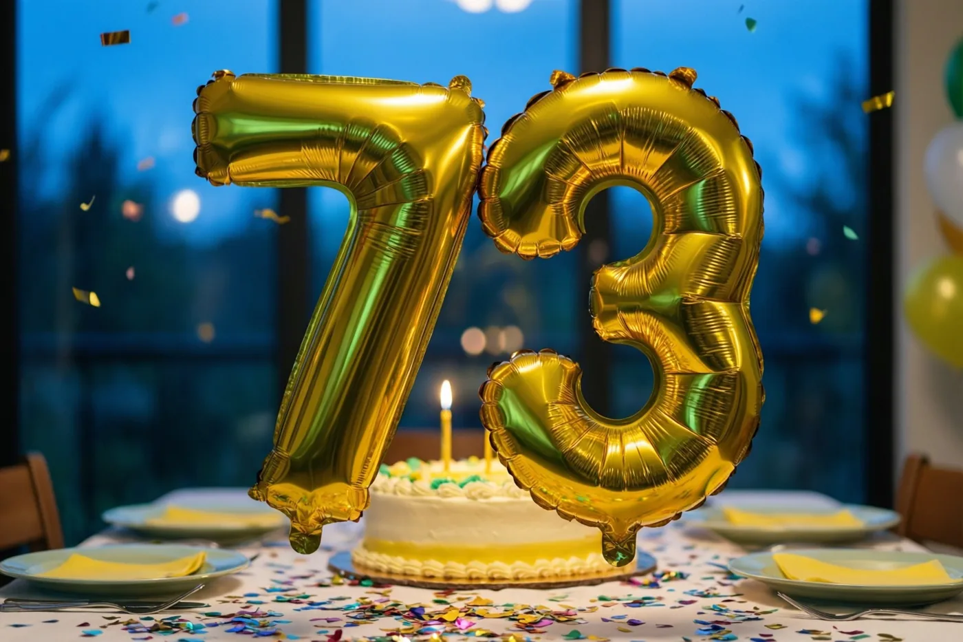Gouden folieballonnen vormen 73 boven een tafel met kleurrijke confetti en een taart met één brandende kaars, met blauw avondlicht achter het raam.