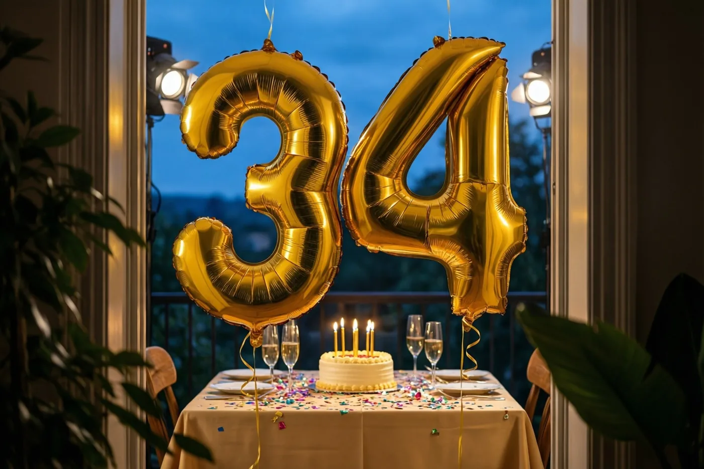 Gouden cijferballonnen vormen 34 boven een tafel met taart, champagneglazen en confetti bij een raam, met een blauwe avondlucht buiten en warm licht binnen.