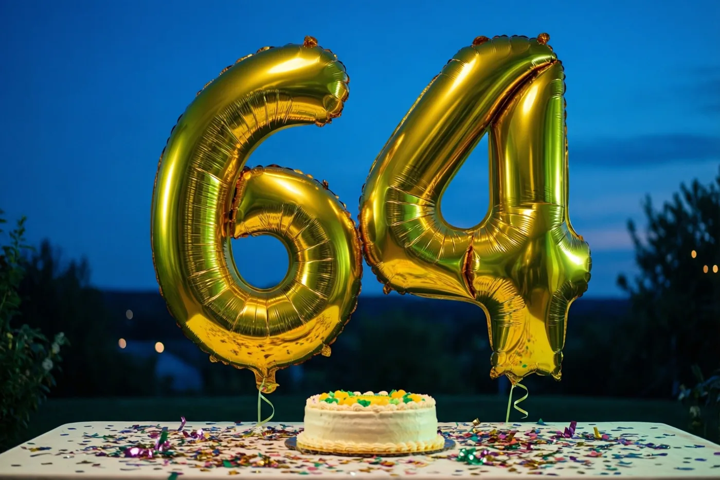 Gouden folieballonnen vormen het getal 64 boven een tafel met gekleurde confetti en een kleine taart, buiten bij schemering met bomen onder een diepblauwe hemel.