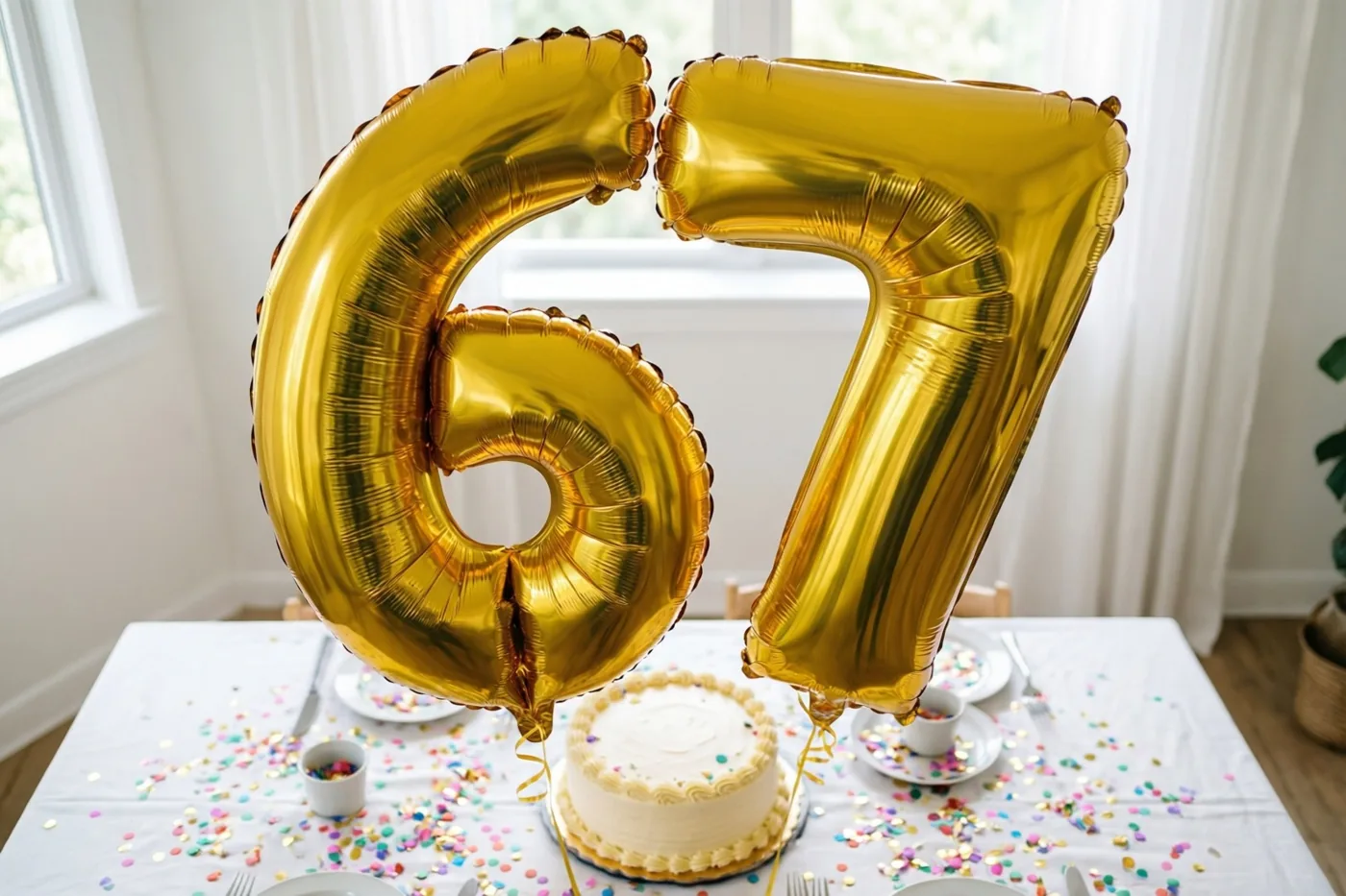 Grote glanzende gouden folieballonnen vormen 67 boven een tafel met een wit kleed, gekleurde confetti en een kleine taart, bij een raam met witte gordijnen.