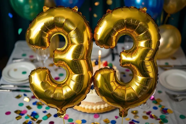 Twee grote gouden folieballonnen vormen 33 boven een feesttafel met gekleurde confetti en een verjaardagstaart in warm licht.