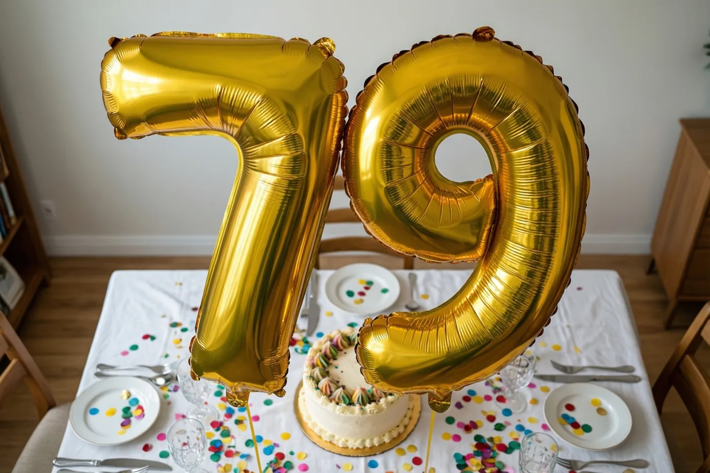 Grote gouden folieballonnen vormen 79 boven een feestelijk gedekte tafel met taart, confetti en een wit tafelkleed, met houten stoelen eromheen.