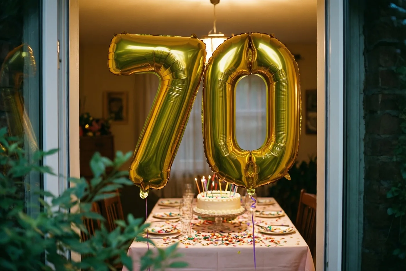 Gouden folieballonnen in de vorm van 70 hangen boven een feestelijk gedekte tafel met een taart, borden en confetti in warm licht.