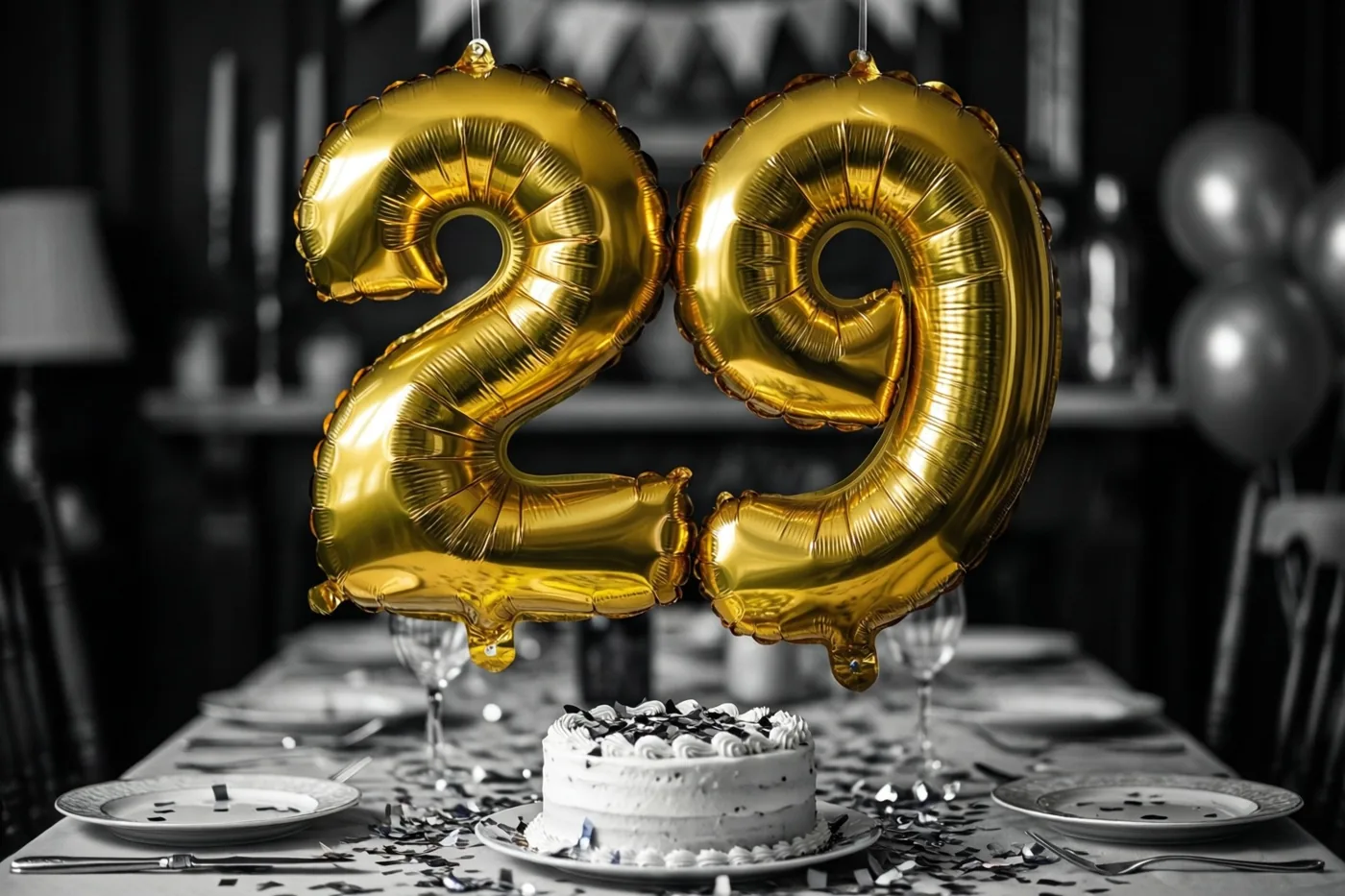 Gouden folieballonnen vormen het getal 29 boven een feesttafel met taart en confetti tegen een zwart-witte achtergrond.