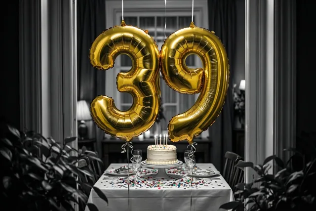 Gouden folieballonnen in de vorm van 39 zweven boven een gedekte feesttafel in een schemerige kamer met zwart-witte decoratie.