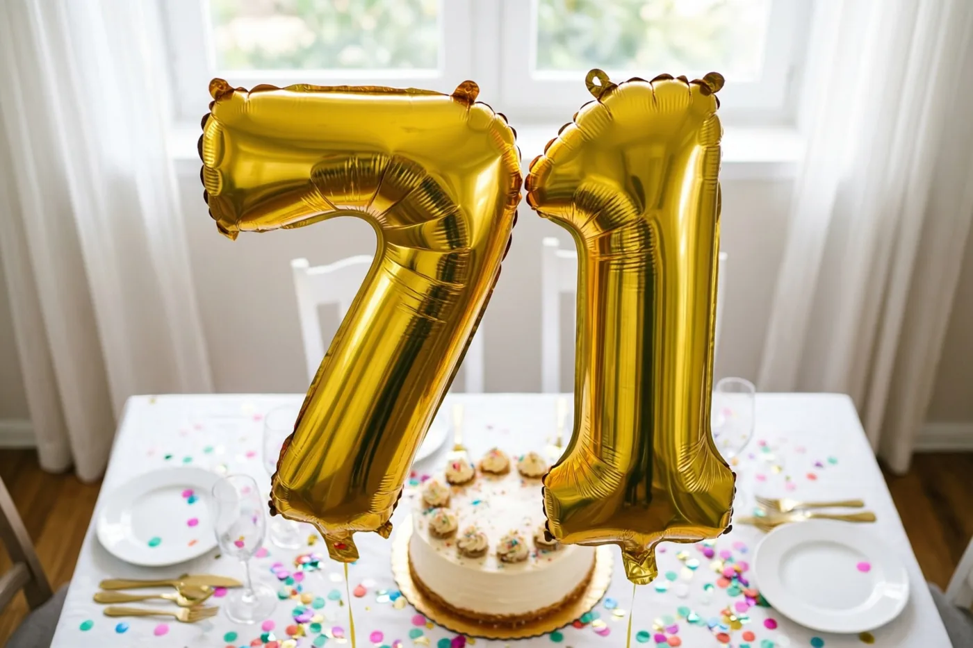 Gouden folieballonnen in de vorm van 7 en 1 zweven boven een tafel met een wit tafelkleed, taart en confetti bij een raam.