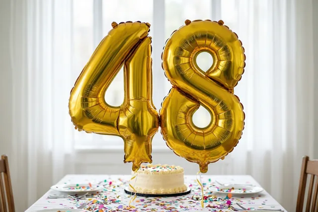 Grote glanzende gouden folieballonnen vormen 48 boven een tafel met kleurrijke confetti en een kleine taart, met helder daglicht uit een raam achter de tafel.