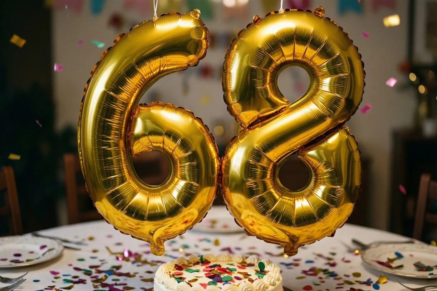 Grote glanzende gouden folieballonnen vormen 68 boven een feesttafel met kleurrijke confetti en een kleine taart in een warm verlichte kamer.