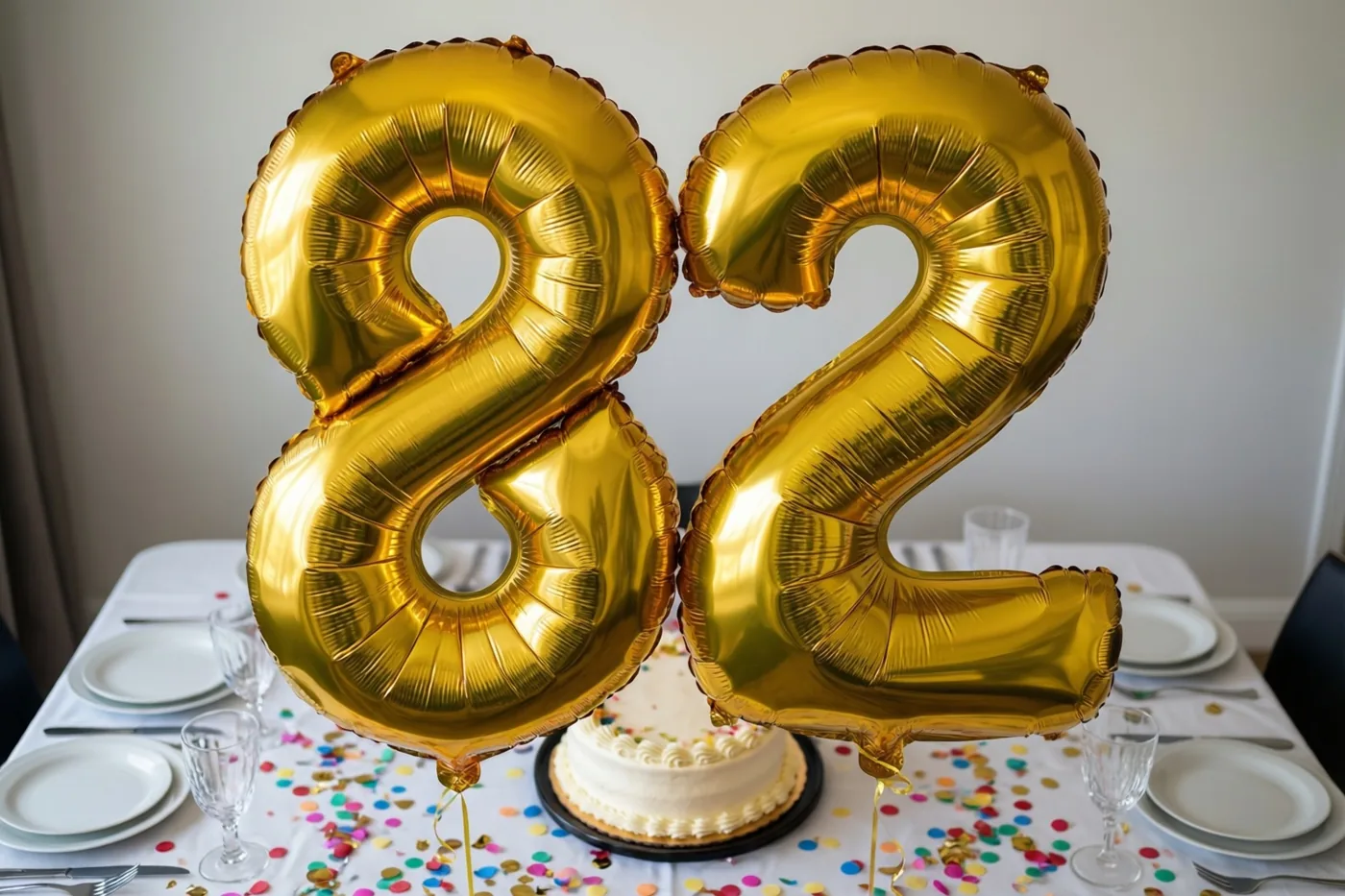 Twee grote glanzende gouden folieballonnen in de vorm van 8 en 2 hangen boven een feestelijk gedekte tafel met een wit tafelkleed, kleurrijke confetti en een kleine taart.