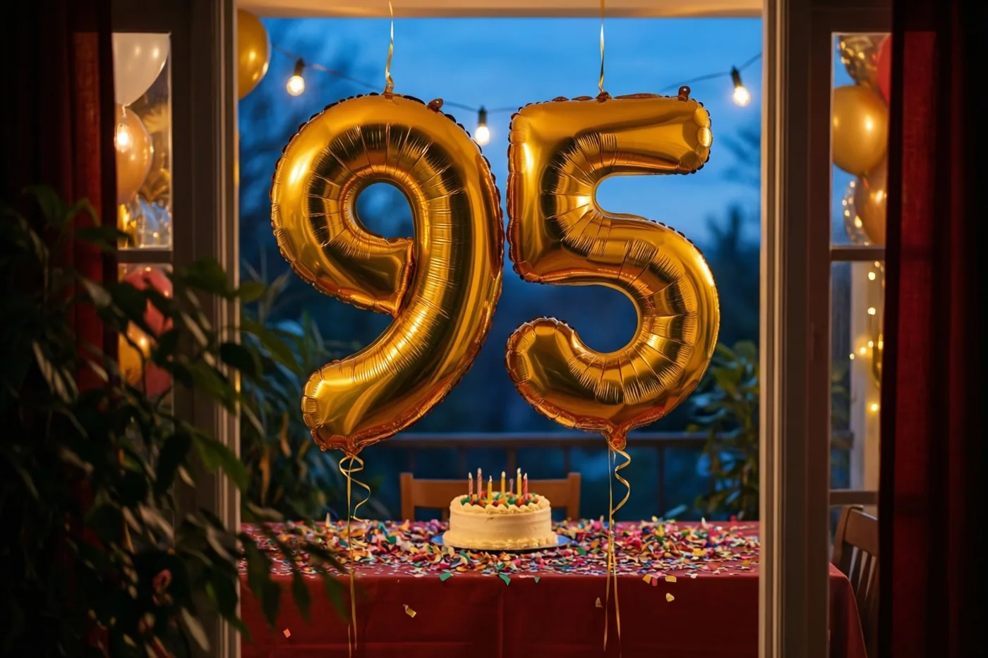 Gouden folieballonnen vormen 95 boven een tafel met een rood kleed, confetti, een taartje en kaarsen bij een raam in de schemering, met lichtslingers buiten.