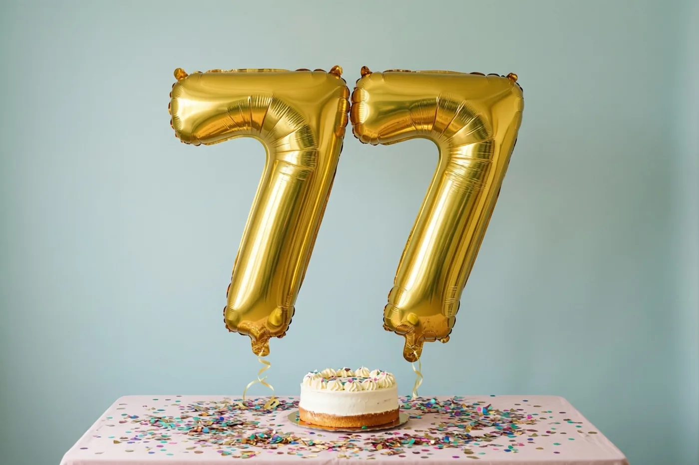 Gouden folieballonnen vormen 77 boven een tafel met een roze tafellaken, confetti en een kleine taart voor een lichtblauwe muur.