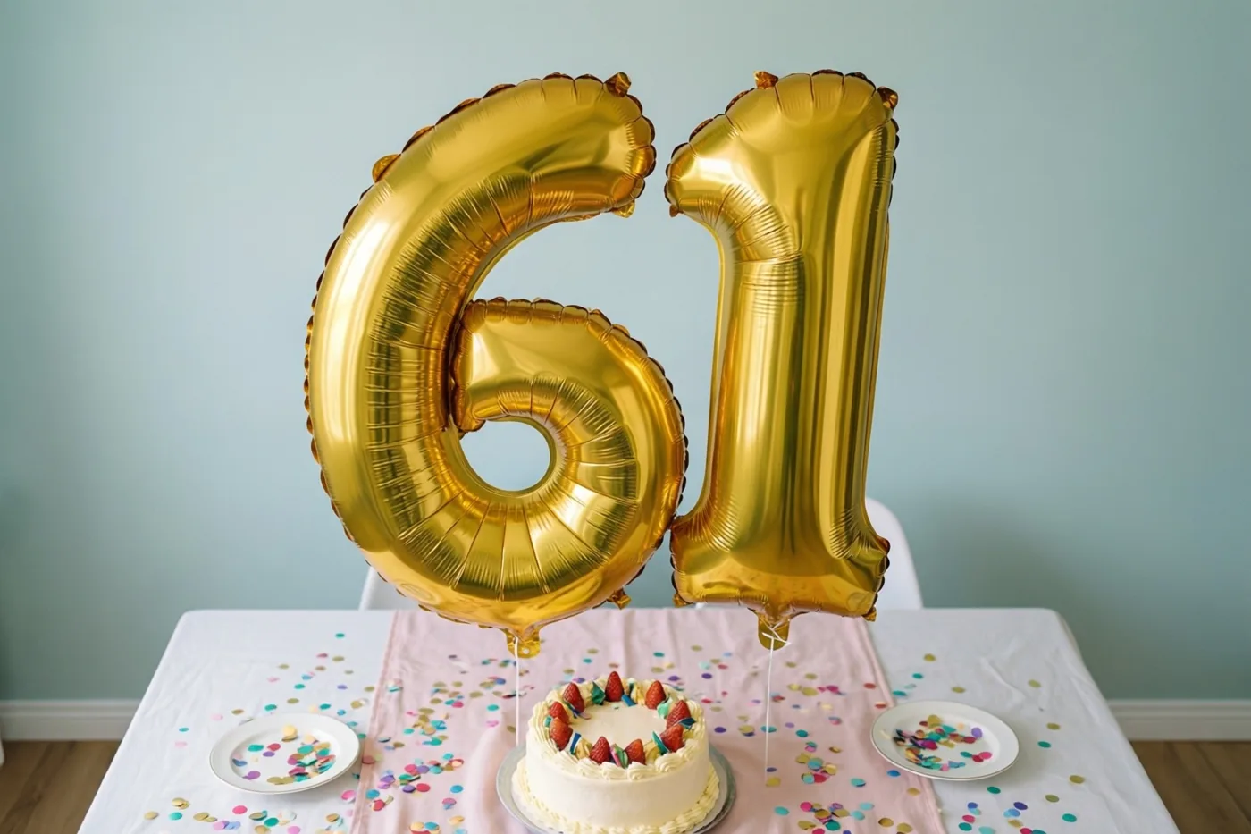 Gouden folieballonnen vormen 61 boven een tafel met taart, confetti, een wit tafelkleed en een roze loper tegen een lichtblauwe muur.