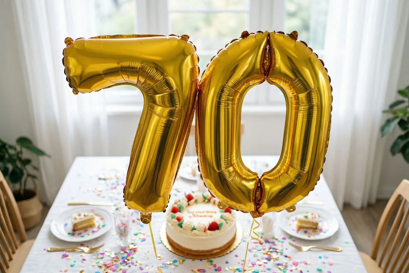 Gouden folieballonnen vormen het getal 70 boven een gedekte tafel met confetti en een verjaardagstaart, met daglicht van een raam op de achtergrond.