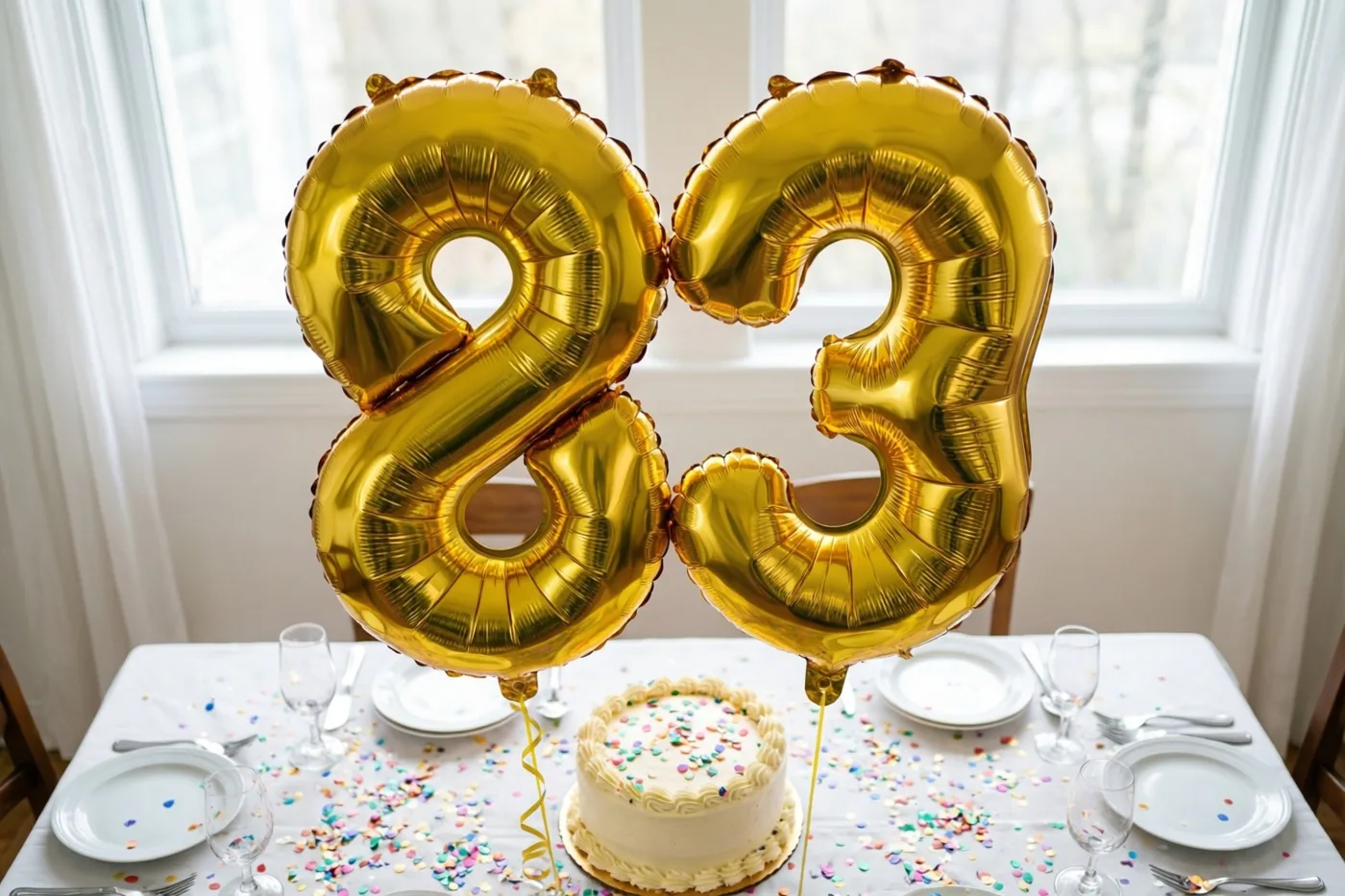 Gouden cijferballonnen vormen 83 boven een tafel met kleurrijke confetti, een kleine taart, witte borden en glazen.